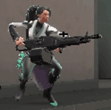 a pixel art of a woman holding a gun with a cross on her chest .