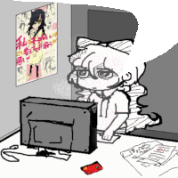 a drawing of a person sitting in front of a computer monitor