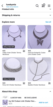 a screenshot of a luxebymia app showing necklaces for sale