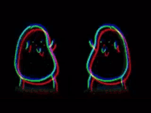 a couple of cartoon characters are dancing in the dark with a glitch effect .