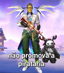 a man holding a gun next to a stuffed animal with the words não promova a pirataria