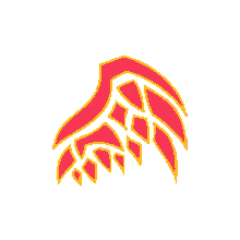 a red and yellow symbol on a white background that looks like a leaf