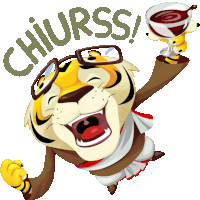 a cartoon of a tiger with glasses holding a glass of wine with the word chiurss written on it