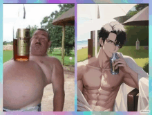 a picture of a man holding a bottle of vodka next to a picture of a man drinking from a can