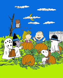 a cartoon of snoopy and friends in a pumpkin patch with ghosts