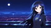 a girl with long black hair stands in front of a full moon