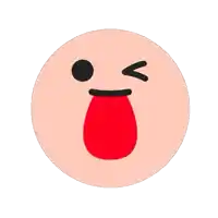 a cartoon face with a red tongue sticking out and a black eye
