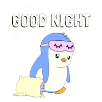 a penguin wearing a sleep mask is laying on a pillow with the words good night below it