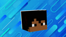 a minecraft head is against a blue background with geometric shapes