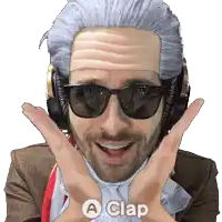a man wearing a wig and sunglasses has a clap sticker on his face