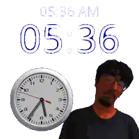 a man stands in front of a clock that says 5:36