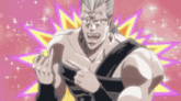 a man with a ponytail is pointing at himself in front of a pink background