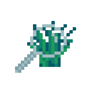 a pixel art drawing of a green object with a silver handle on a white background .