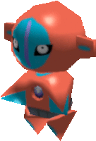 a red and blue robot with a purple stripe on the face