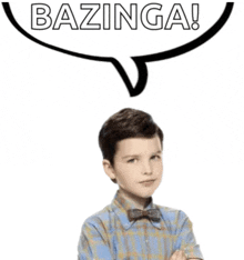 a young boy with a speech bubble that says bazinga above him