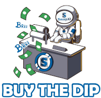 a cartoon illustration of an astronaut sitting at a desk with the words buy the dip below him