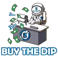 a cartoon illustration of an astronaut sitting at a desk with the words buy the dip below him