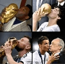 a collage of four pictures of men drinking from a trophy .