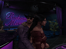 a man and a woman are standing in front of a neon sign that says bahama miami