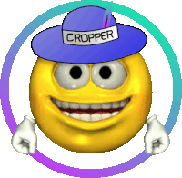 a yellow smiley face wearing a blue hat that says cropper