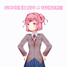 a girl with pink hair is standing with her hands on her hips and the words stamp i 'm not a tsundere