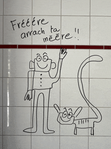 a drawing of a man and a cat on a white tile wall