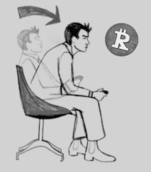 a black and white drawing of a man sitting in a chair with a bitcoin symbol