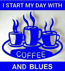 three cups of coffee are sitting on a blue tray .