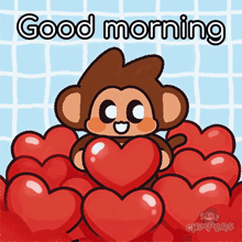 a cartoon of a monkey holding a heart with the words " good morning " written above it