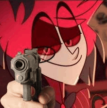 a person is holding a gun in front of a cartoon character with red hair .