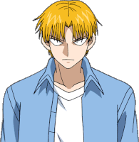 a drawing of a man with yellow hair wearing a blue shirt