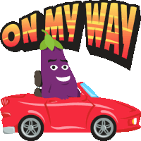 a cartoon illustration of an eggplant driving a red car with the words " on my way " above it