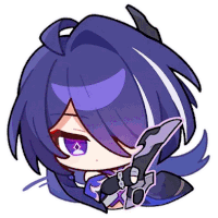 a chibi drawing of a girl with purple hair holding a scissors .