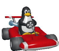 a penguin is driving a red go kart with a steering wheel