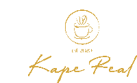 a logo for kape real with a cup of coffee