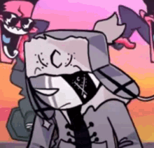 a close up of a cartoon character wearing a hat and a suit .