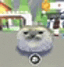 a close up of a cat 's face in a video game with buildings in the background .