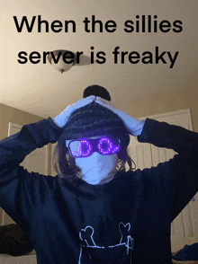 a person wearing glasses and a hat with the words when the sillies server is freaky on the bottom