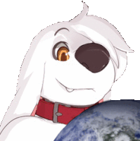 a cartoon dog wearing a red collar holds a globe