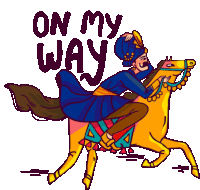 a cartoon of a man riding a horse with the words on my way written below him