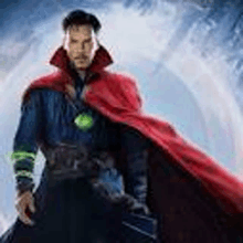 doctor strange is wearing a red cape and standing in front of a rainbow .