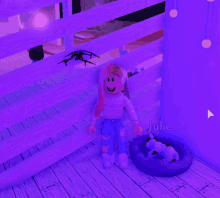 a girl in a video game is standing next to a dog in a purple room