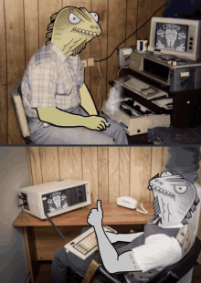 a man with a lizard head is sitting at a desk with a computer