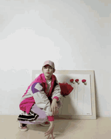 a woman squatting in front of a framed picture of flowers