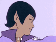 a cartoon character with a purple shirt and black hair is talking to someone .