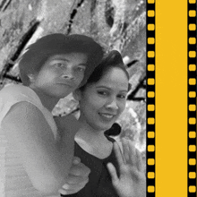 a black and white photo of a man and a woman with a film strip behind them