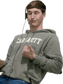 a man wearing headphones and a hoodie that says carhartt