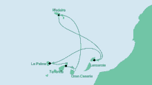 a map showing a route to madeira la palma and tenerife