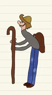 a drawing of a man holding a cane with a backpack on his back