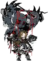 a cartoon drawing of a girl holding a sword and a puppet